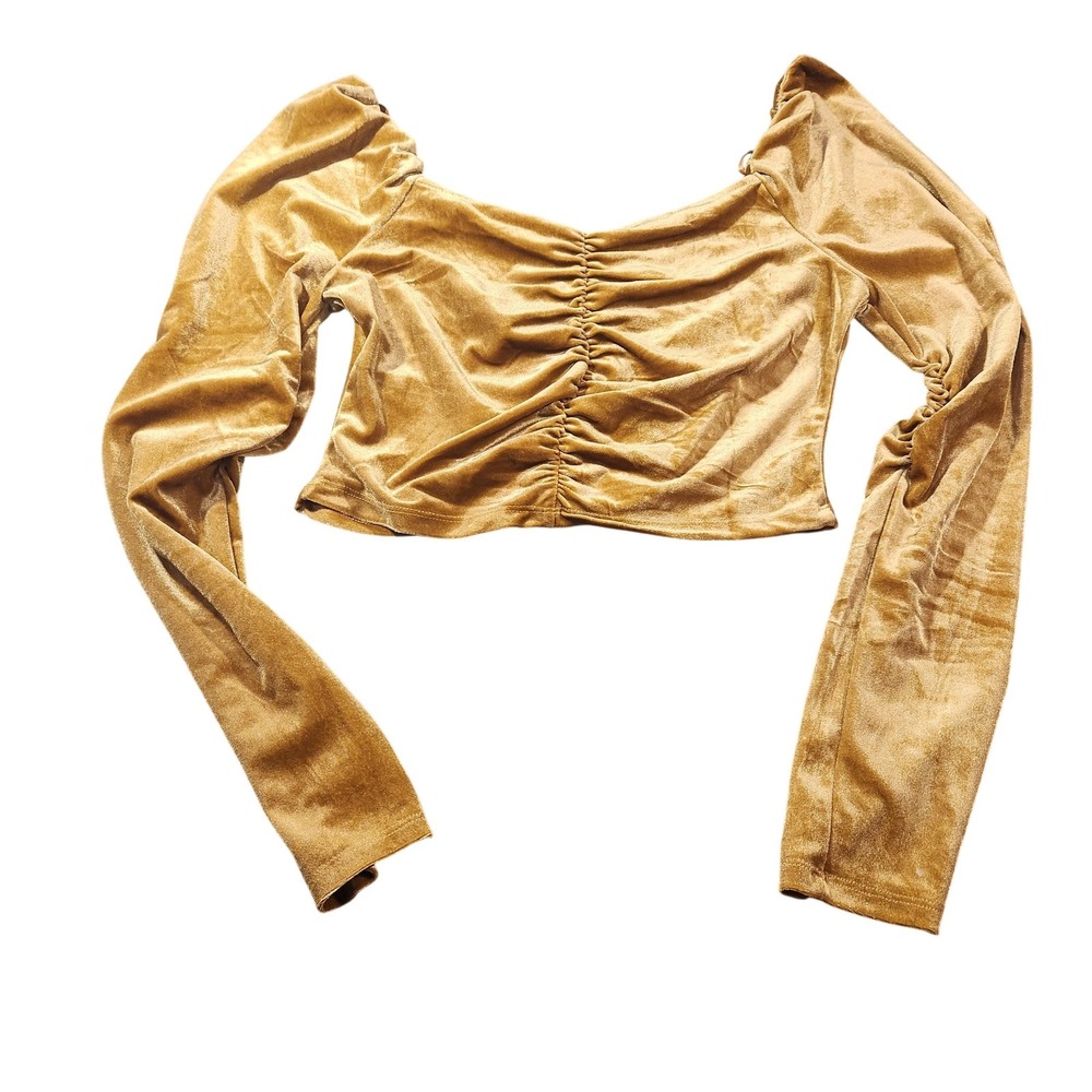 Mixed Threads Shirt Womens Large Gold Velvet Ruched Long Sleeve Crop Top